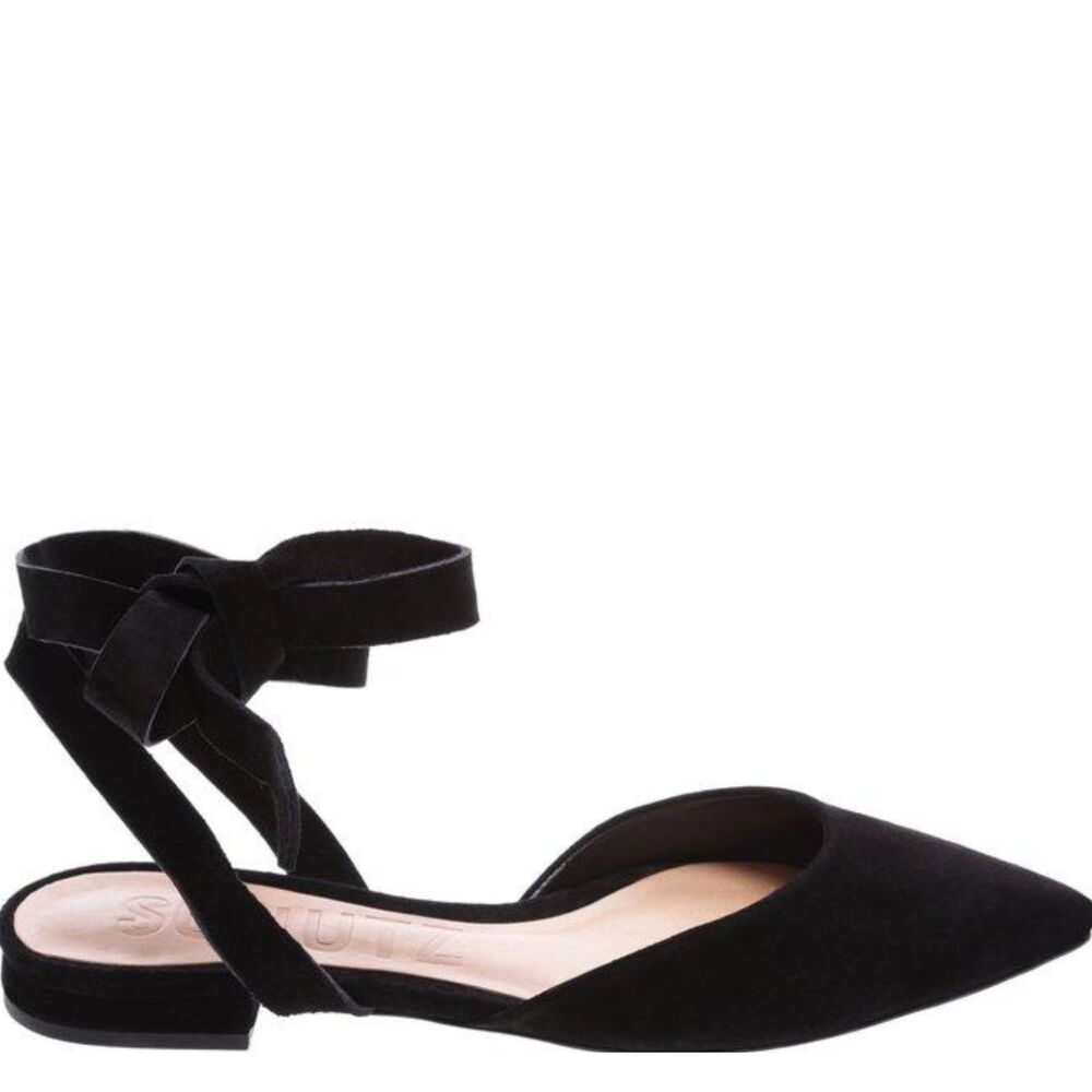 Schutz Barbrah Black Suede Pointed Toe Ankle Wrap d'Orsay Flats Size 6